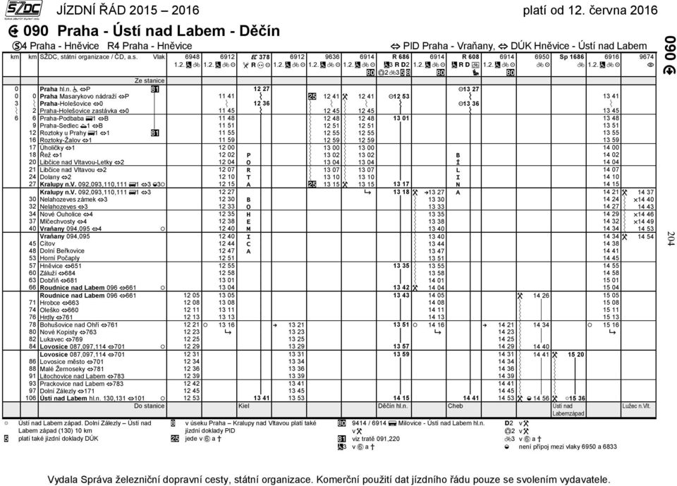 átní organizace / ČD, a.s. Vlak 6948 6912 378 6912 9636 6914 PID Praha - Vraňany, DÚK Hněvice - Ústí nad Labem R 686 3 2 2 3 6914 R 608 6914 6950 Sp 1686 6916 Ze stanice 0 Praha hl.n. P 12 27 13 27 0