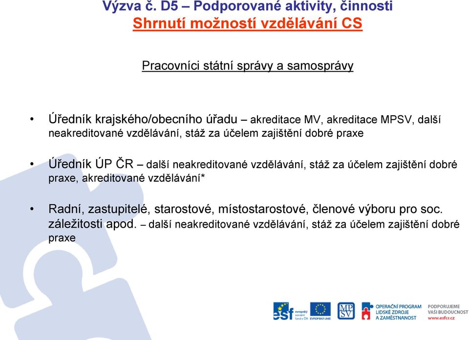 úřadu akreditace MV, akreditace MPSV, další neakreditované vzdělávání, stáž za účelem zajištění dobré praxe Úředník ÚP ČR další