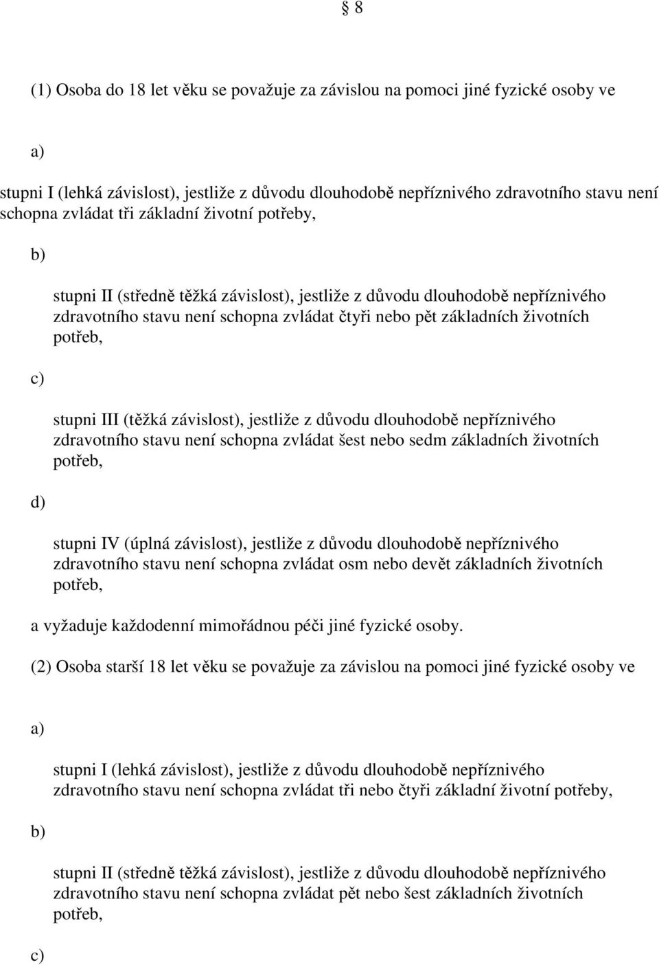 (těžká závislost), jestliže z důvodu dlouhodobě nepříznivého zdravotního stavu není schopna zvládat šest nebo sedm základních životních potřeb, stupni IV (úplná závislost), jestliže z důvodu