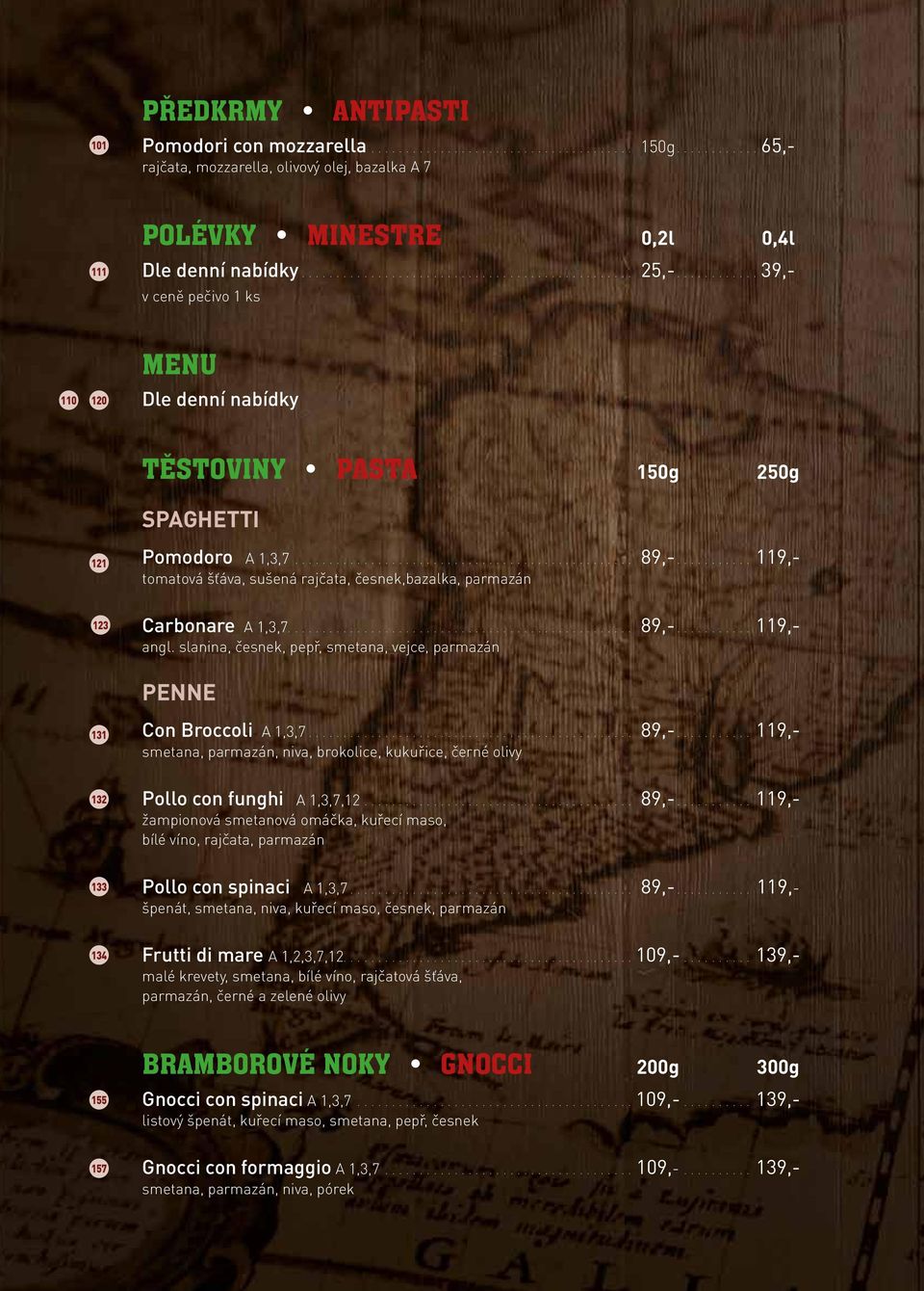 ...119,- tomatová šťáva, sušená rajčata, česnek,bazalka, parmazán 123 131 Carbonare A 1,3,7.... 89,-....119,- angl. slanina, česnek, pepř, smetana, vejce, parmazán PENNE Con Broccoli A 1,3,7.... 89,-....119,- smetana, parmazán, niva, brokolice, kukuřice, černé olivy 132 Pollo con funghi A 1,3,7,12.