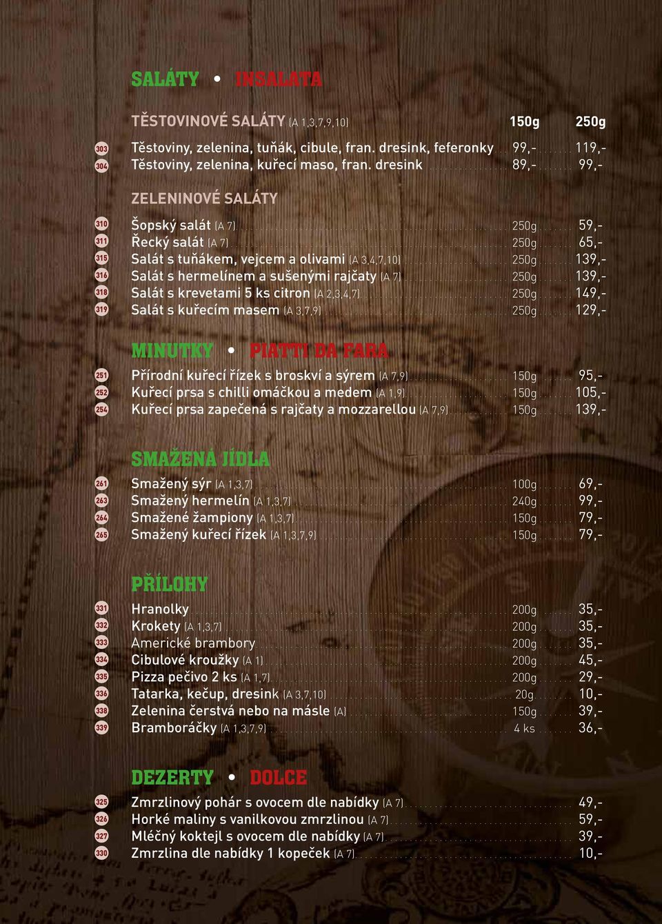 ... 59,- Řecký salát (A 7).... 250g.... 65,- Salát s tuňákem, vejcem a olivami (A 3,4,7,10).... 250g....139,- Salát s hermelínem a sušenými rajčaty (A 7).... 250g....139,- Salát s krevetami 5 ks citron (A 2,3,4,7).