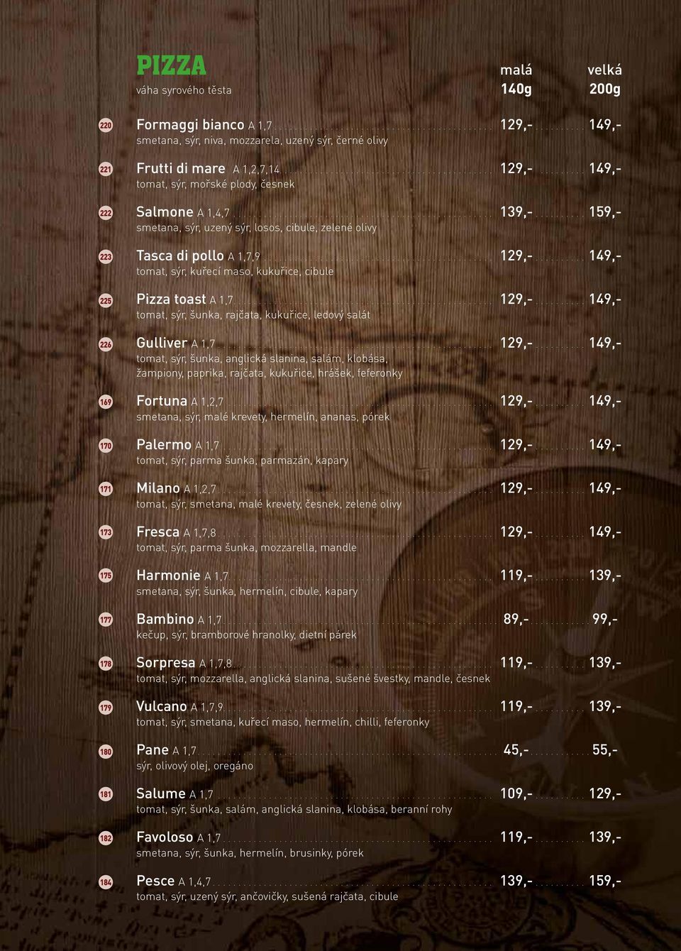 ...159,- smetana, sýr, uzený sýr, losos, cibule, zelené olivy Tasca di pollo A 1,7,9.... 129,-....149,- tomat, sýr, kuřecí maso, kukuřice, cibule Pizza toast A 1,7.... 129,-....149,- tomat, sýr, šunka, rajčata, kukuřice, ledový salát Gulliver A 1,7.