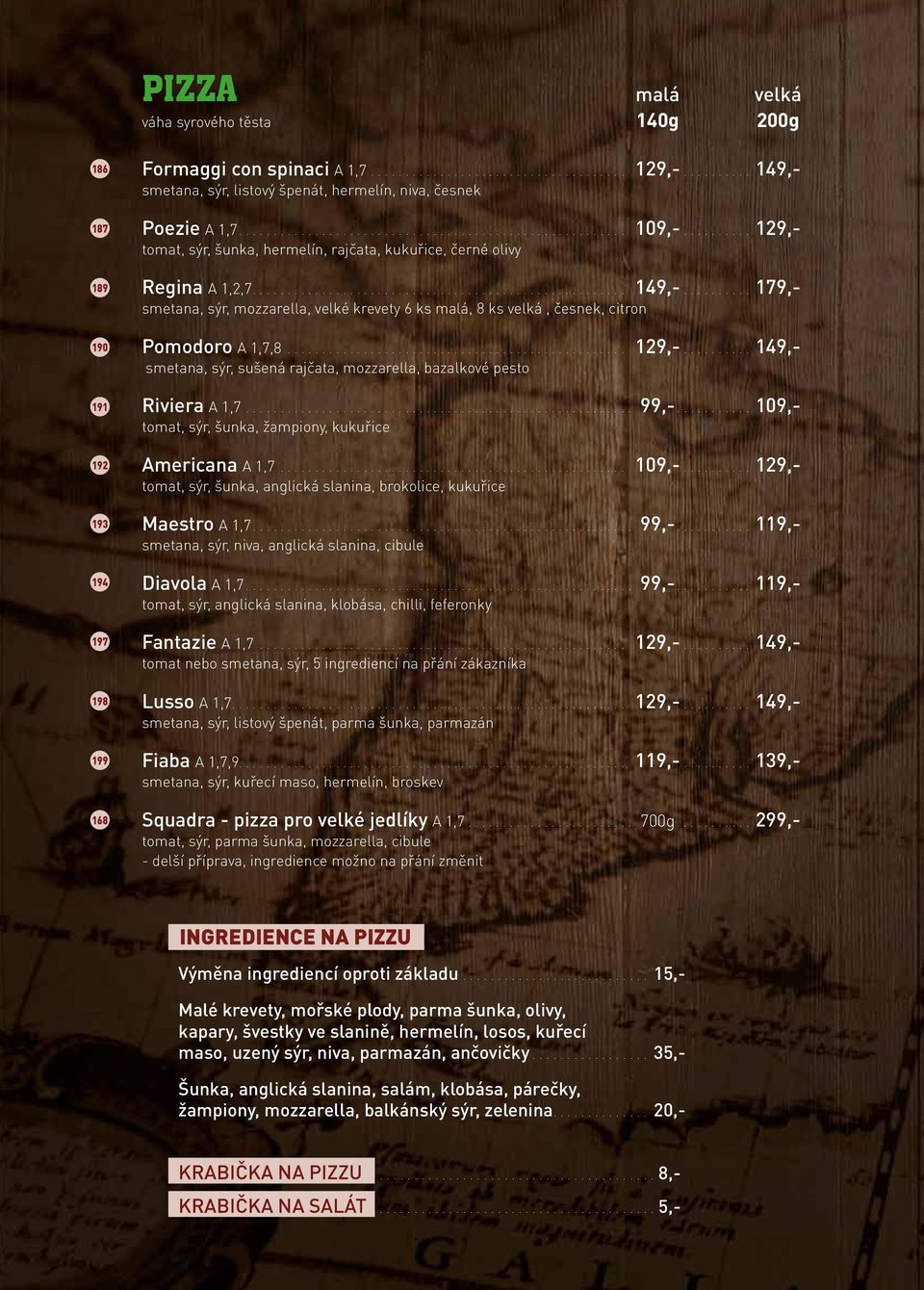 ...179,- smetana, sýr, mozzarella, velké krevety 6 ks malá, 8 ks velká, česnek, citron Pomodoro A 1,7,8.... 129,-....149,- smetana, sýr, sušená rajčata, mozzarella, bazalkové pesto Riviera A 1,7.