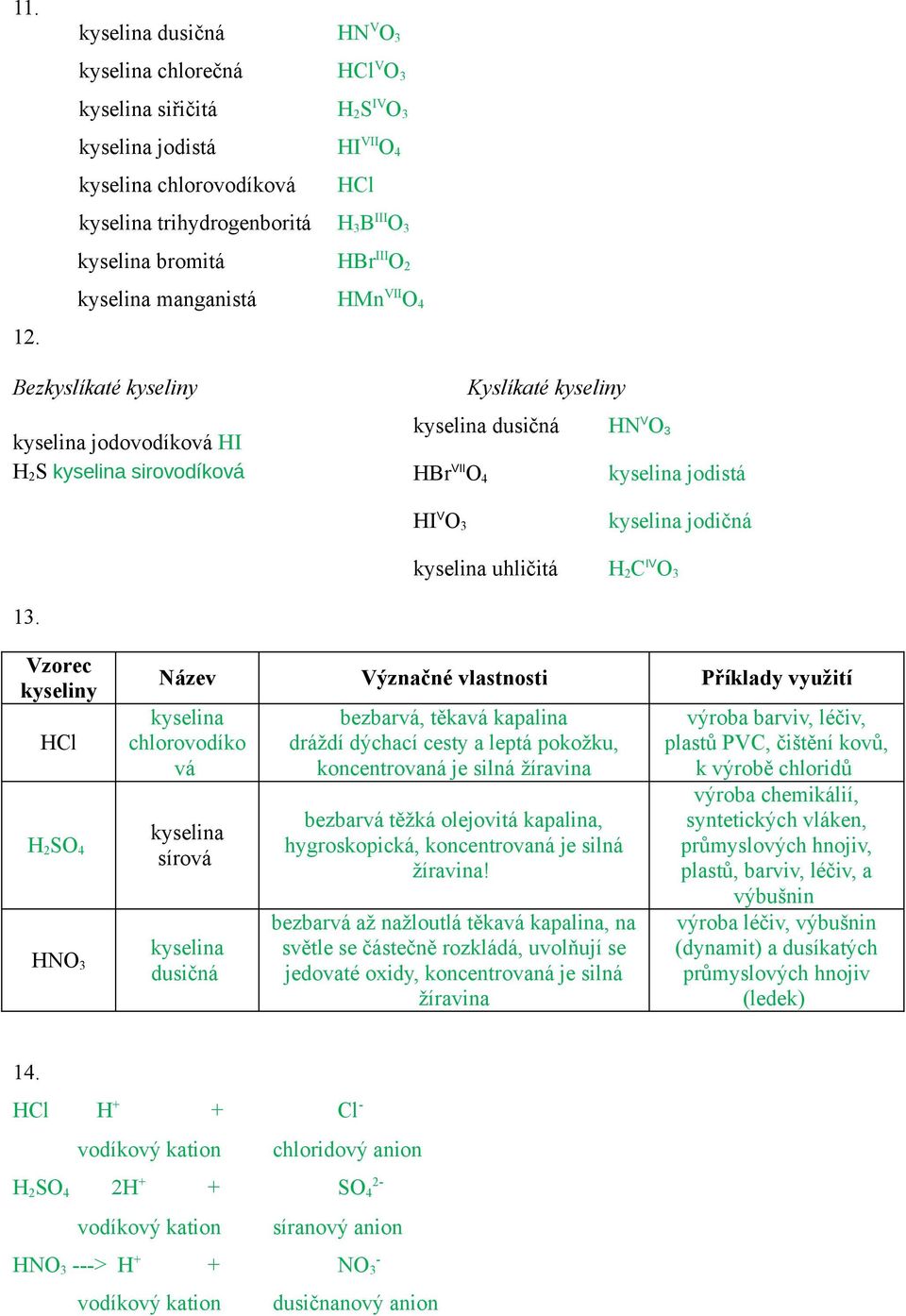 Vzorec H 2 SO 4 HNO 3 Název Význačné vlastnosti Příklady využití chlorovodíko vá sírová dusičná bezbarvá, těkavá kapalina dráždí dýchací cesty a leptá pokožku, koncentrovaná je silná žíravina