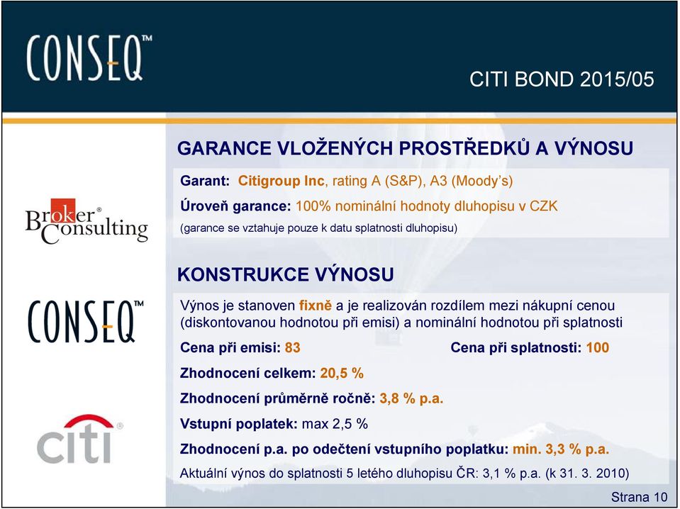 při emisi) a nominální hodnotou při splatnosti Cena při emisi: 83 Cena při splatnosti: 100 Zhodnocení celkem: 20,5 % Zhodnocení průměrně ročně: 3,8 % p.a. Vstupní poplatek: max 2,5 % Zhodnocení p.