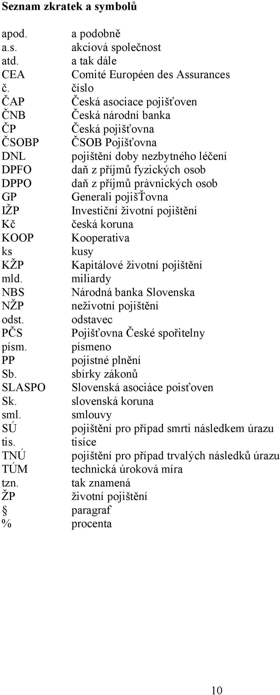 právnických osob GP Generali pojišťovna IŽP Investiční životní pojištění Kč česká koruna KOOP Kooperativa ks kusy KŽP Kapitálové životní pojištění mld.