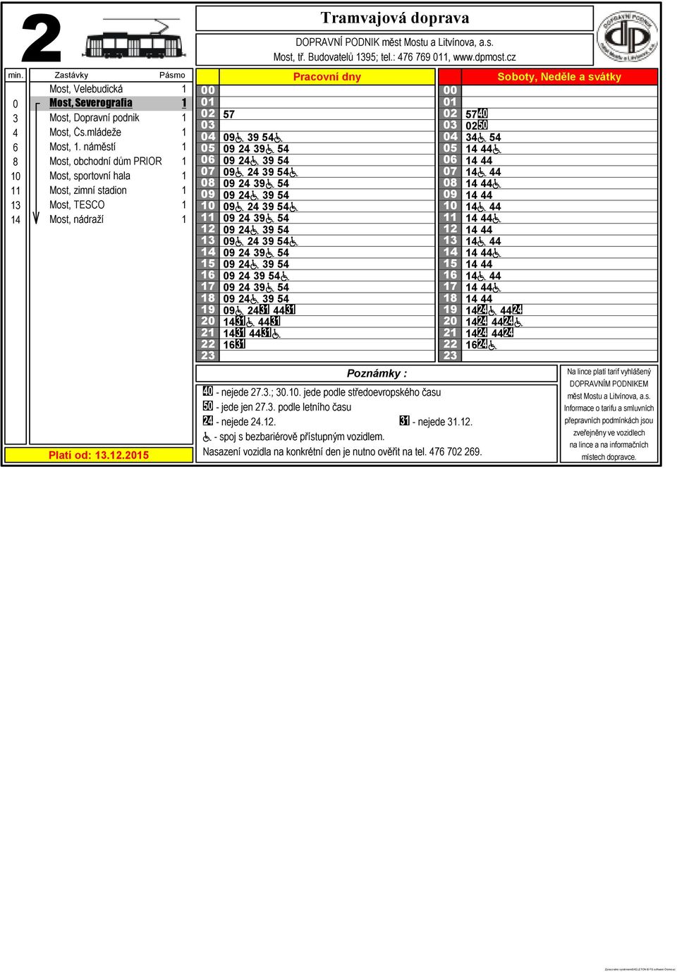 9 54a 4 9a 54 4a 9 54 a 4 44 a 44 44 a Most, tř. Budovatelů 95; tel.: 476 769, www.dpmost.cz - nejede 7..;.. jede podle středoevropského času - nejede 4.