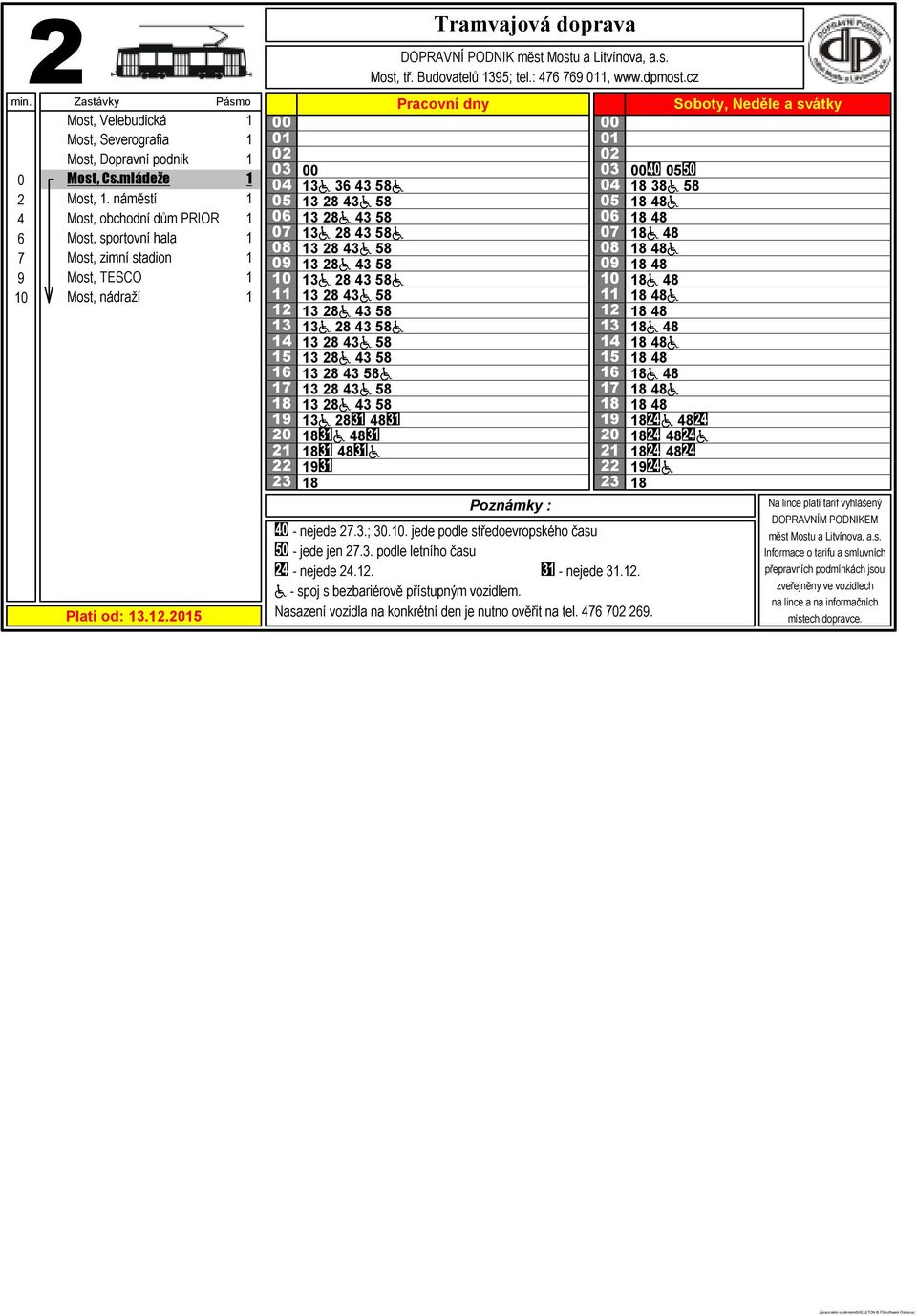 58a 8 4a 58 8a 4 58 a 8 48 a 48 48 a Most, tř. Budovatelů 95; tel.: 476 769, www.dpmost.cz - nejede 7..;.. jede podle středoevropského času - nejede 4.