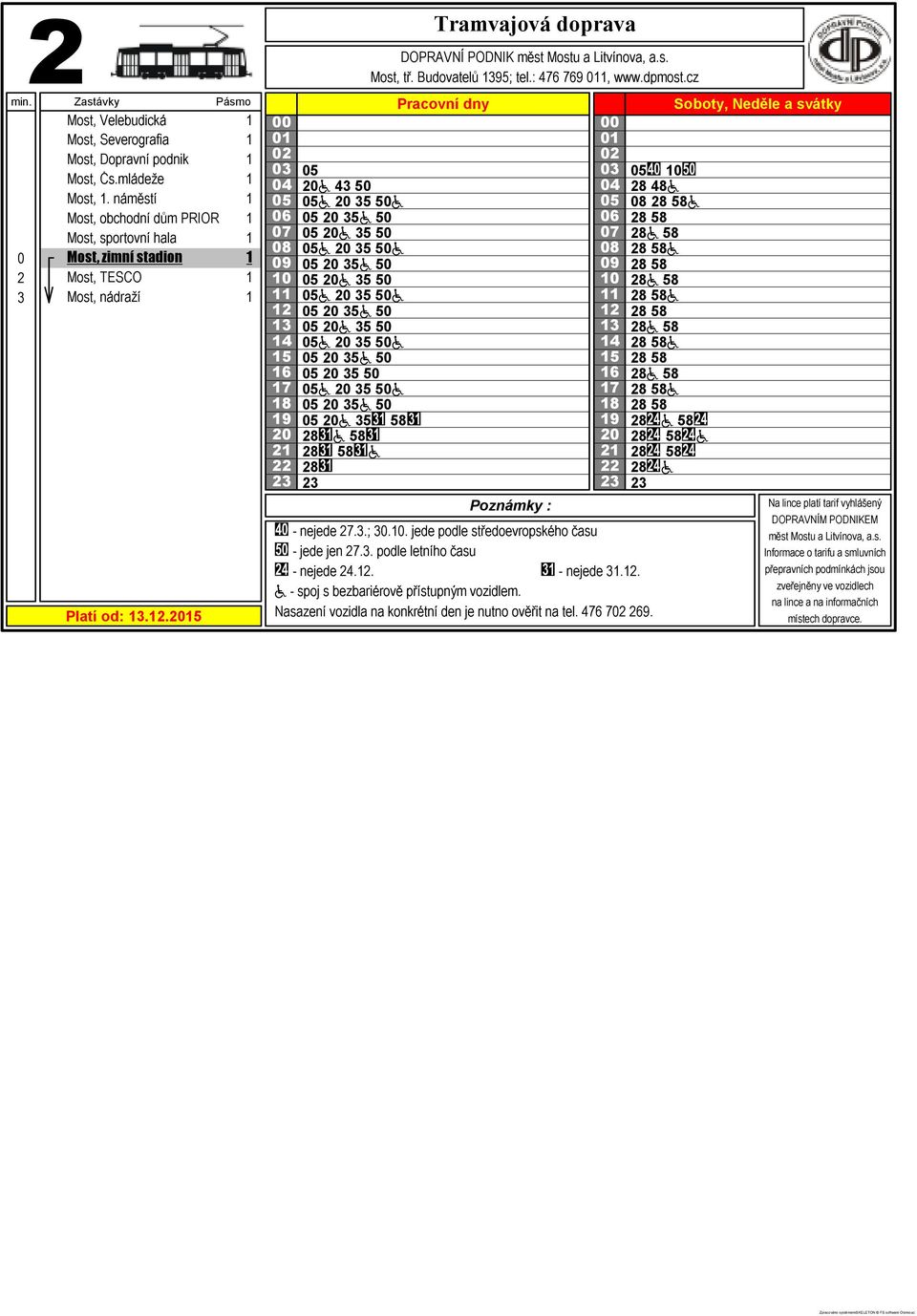 58 8 a 58 8 58 a 8 Most, tř. Budovatelů 95; tel.: 476 769, www.dpmost.cz - nejede 7..;.. jede podle středoevropského času - nejede 4.