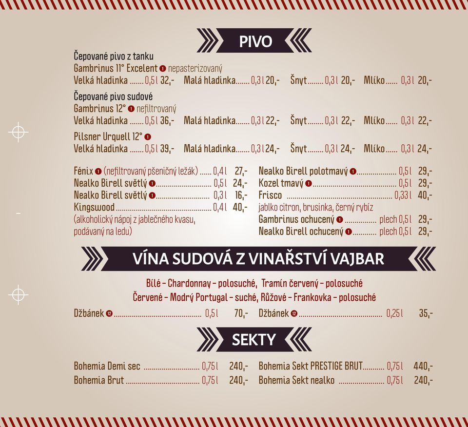 .. 0,5 l 39,- Malá hladinka... 0,3 l 24,- Šnyt... 0,3 l 24,- Mlíko... 0,3 l 24,- Fénix 1 (nefiltrovaný pšeničný ležák)... 0,4 l 27,- Nealko Birell světlý 1... 0,5 l 24,- Nealko Birell světlý 1.