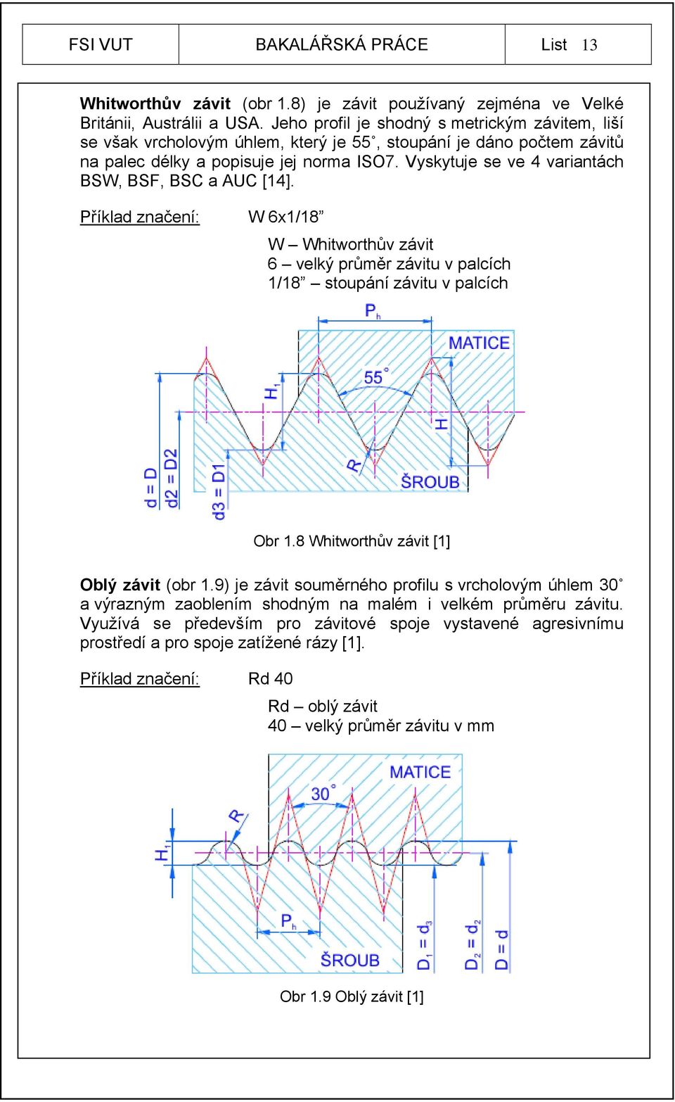 Vyskytuje se ve 4 variantách BSW, BSF, BSC a AUC [14]. Příklad značení: W 6x1/18 W Whitworthův závit 6 velký průměr závitu v palcích 1/18 stoupání závitu v palcích Obr 1.