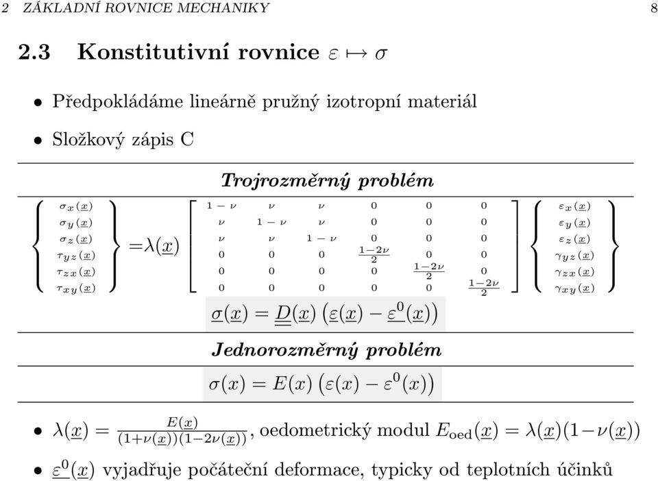 =λ(x) Trojrozměrný problém 1 ν ν ν 0 0 0 ν 1 ν ν 0 0 0 ν ν 1 ν 0 0 0 0 0 0 1 2ν 0 0 2 0 0 0 0 1 2ν 0 2 0 0 0 0 0 1 2ν 2 σ(x) = D(x) (