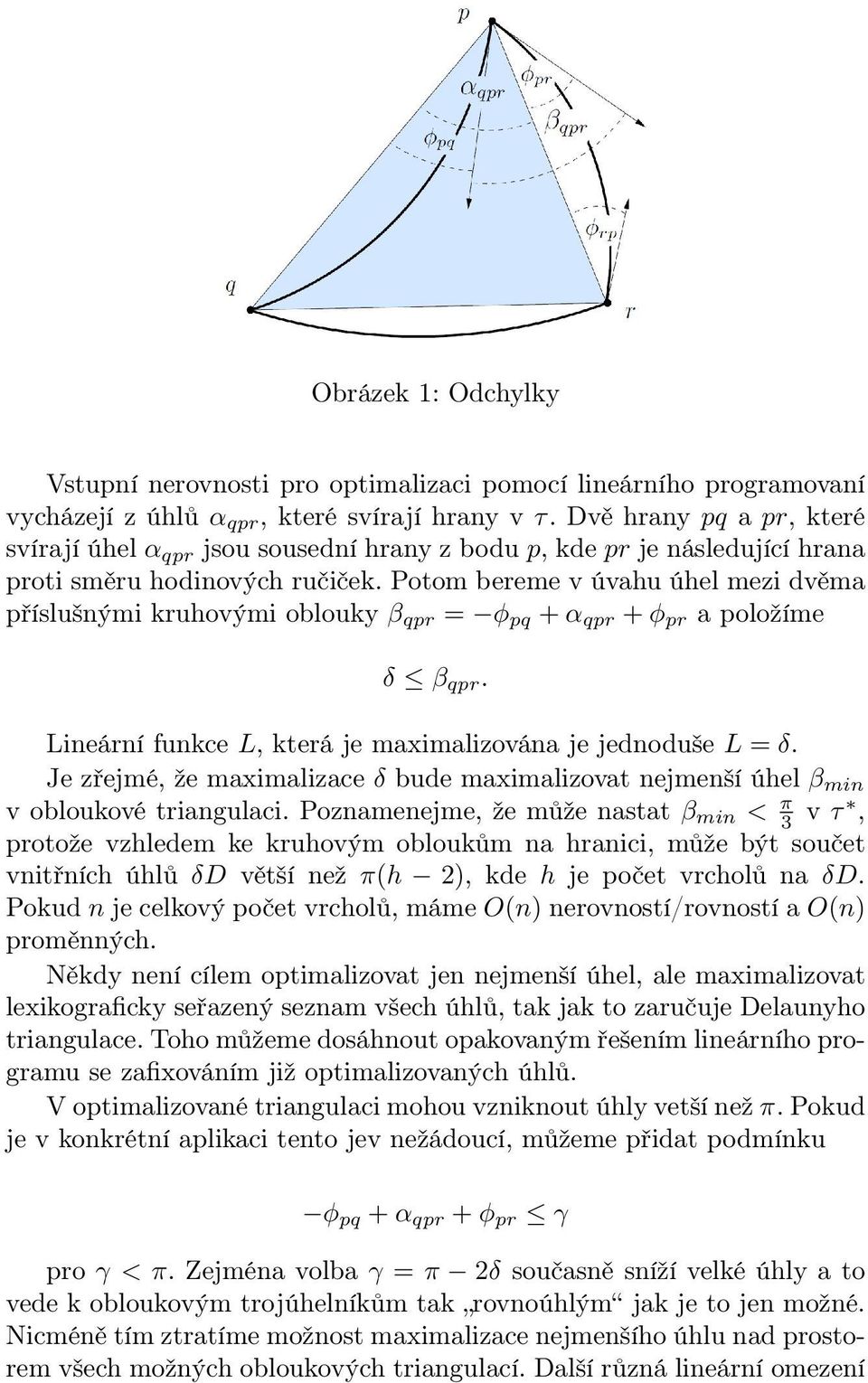 Potom bereme v úvahu úhel mezi dvěma příslušnými kruhovými oblouky β qpr = φ pq +α qpr +φ pr a položíme δ β qpr. Lineární funkce L, která je maximalizována je jednoduše L = δ.