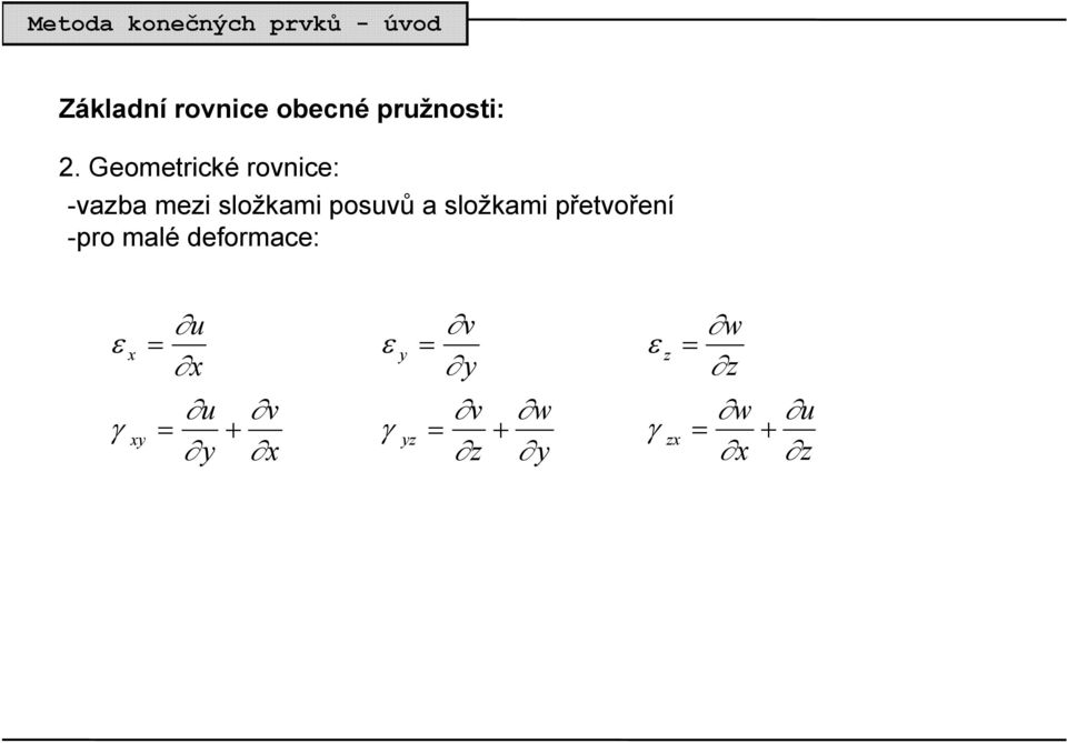 složkami přetvoření -pro malé deformace: ε γ x xy u