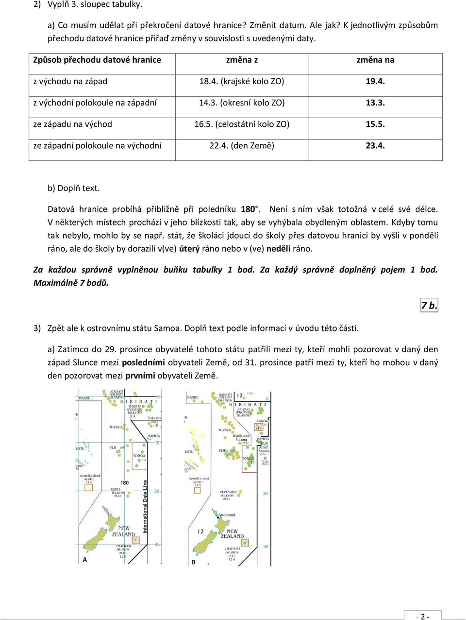 (celostátní kolo ZO) 15.5. ze západní polokoule na východní 22.4. (den Země) 23.4. b) Doplň text. Datová hranice probíhá přibližně při poledníku 180. Není s ním však totožná v celé své délce.