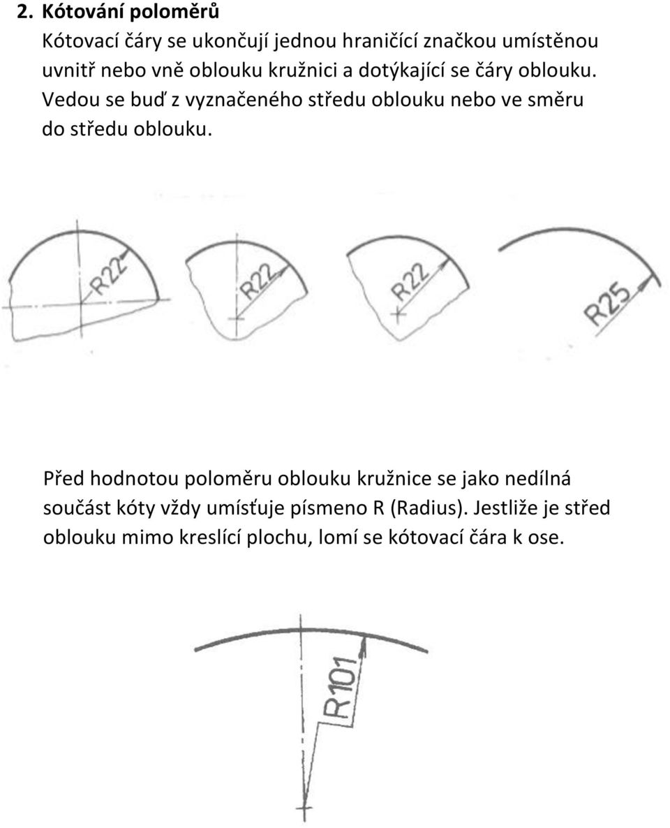 Vedou se buď z vyznačeného středu oblouku nebo ve směru do středu oblouku.