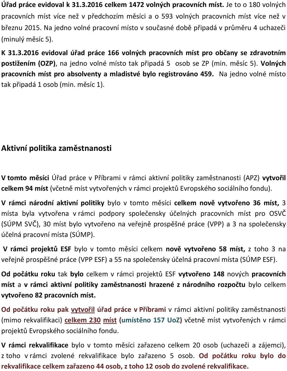 .3.2016 evidoval úřad práce 166 volných pracovních míst pro občany se zdravotním postižením (OZP), na jedno volné místo tak připadá 5 osob se ZP (min. měsíc 5).