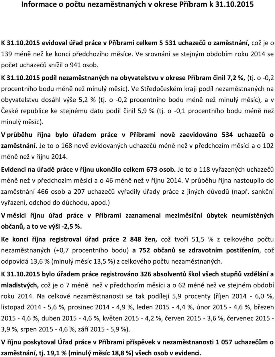 o -0,2 procentního bodu méně než minulý měsíc). Ve Středočeském kraji podíl nezaměstnaných na obyvatelstvu dosáhl výše 5,2 % (tj.