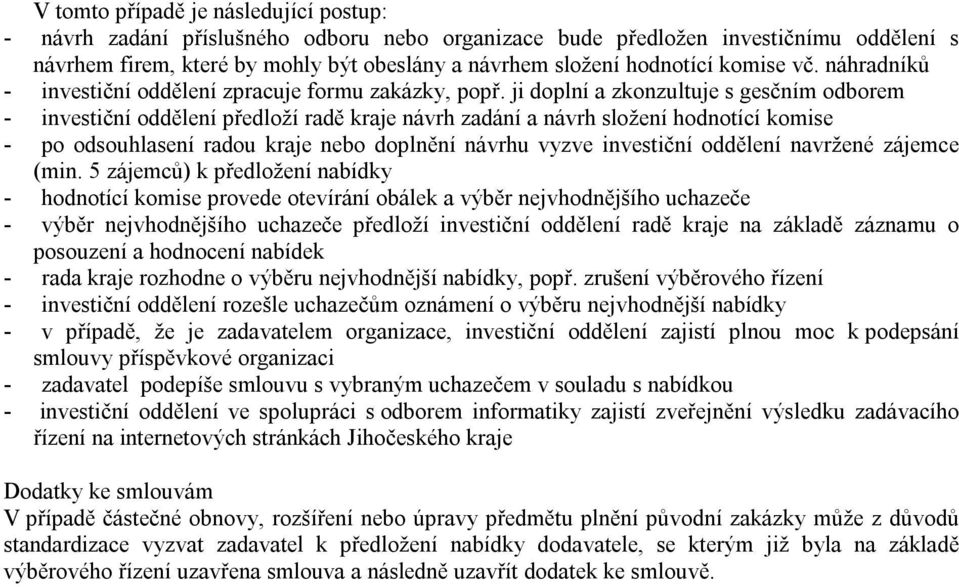 ji doplní a zkonzultuje s gesčním odborem - investiční oddělení předloží radě kraje návrh zadání a návrh složení hodnotící komise - po odsouhlasení radou kraje nebo doplnění návrhu vyzve investiční