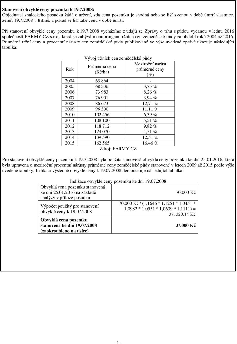 Průměrně tržní ceny a procentní nárůsty cen zemědělské půdy publikované ve výše uvedené zprávě ukazuje následující tabulka: Rok Vývoj tržních cen zemědělské půdy Průměrná cena (Kč/ha) Meziroční
