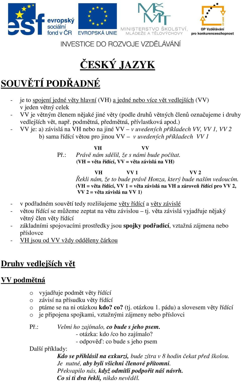 ) - VV je: a) závislá na VH nebo na jiné VV v uvedených příkladech VV, VV 1, VV 2 b) sama řídící větou pro jinou VV v uvedených příkladech VV 1 Př.: VH VV Právě nám sdělil, že s námi bude počítat.