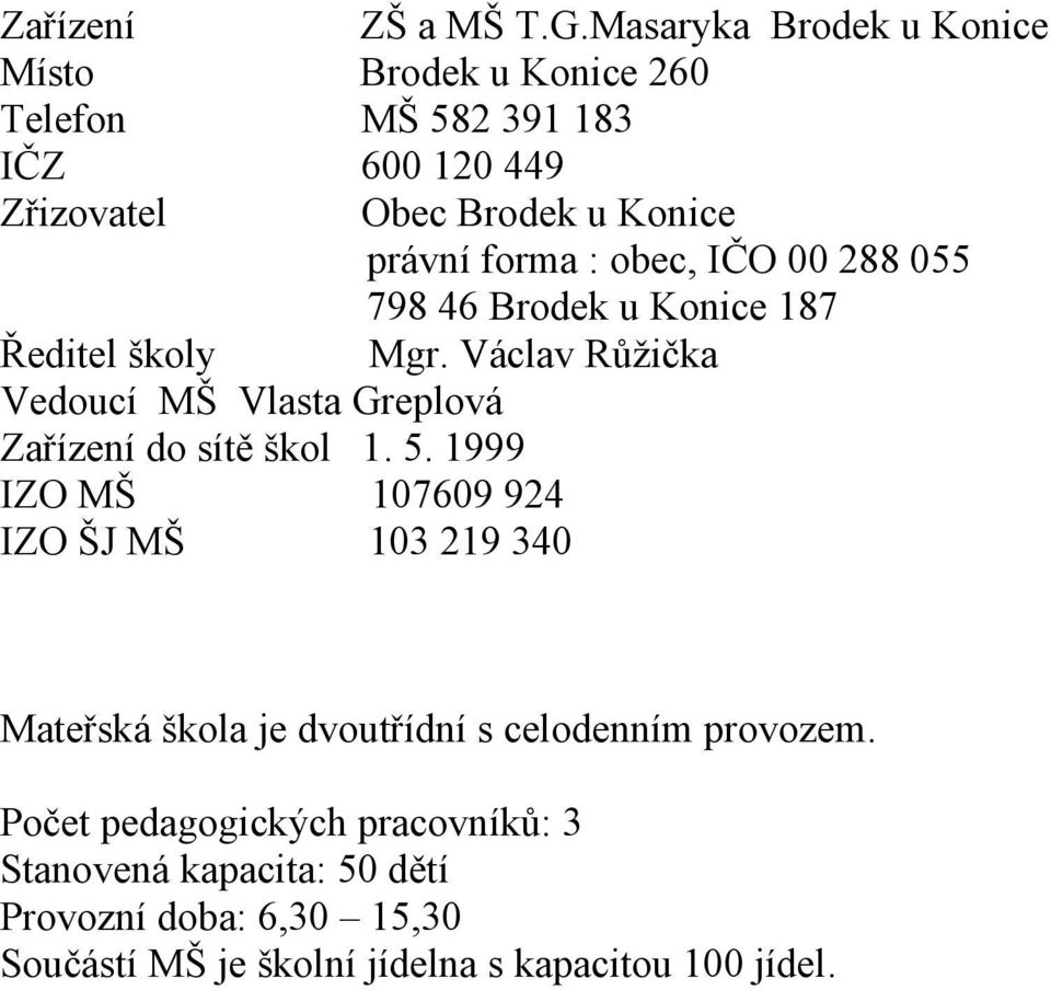 forma : obec, IČO 00 288 055 798 46 Brodek u Konice 187 Ředitel školy Mgr.
