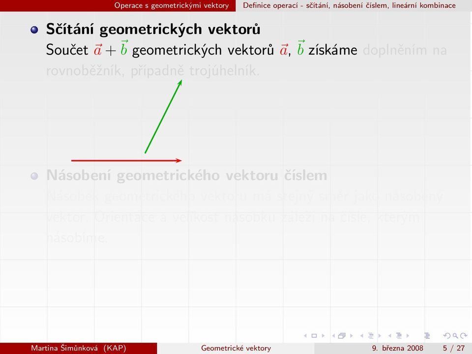 Násobení geometrického vektoru číslem Násobek geometrického vektoru má stejný směr jako násobený vektor.