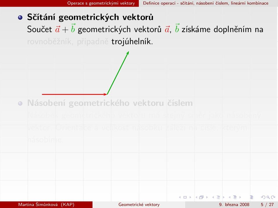 Násobení geometrického vektoru číslem Násobek geometrického vektoru má stejný směr jako násobený vektor.