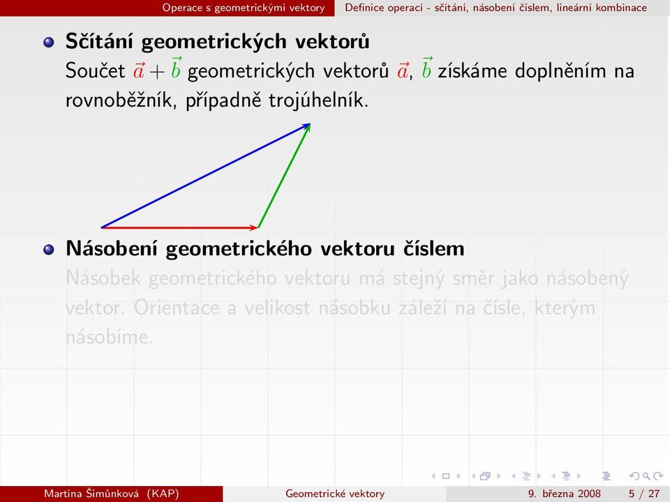 Násobení geometrického vektoru číslem Násobek geometrického vektoru má stejný směr jako násobený vektor.