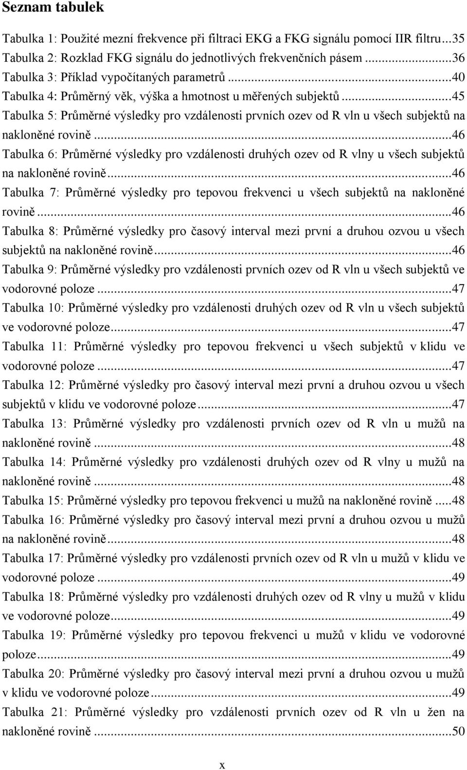 .. 45 Tabulka 5: Průměrné výsledky pro vzdálenosti prvních ozev od R vln u všech subjektů na nakloněné rovině.