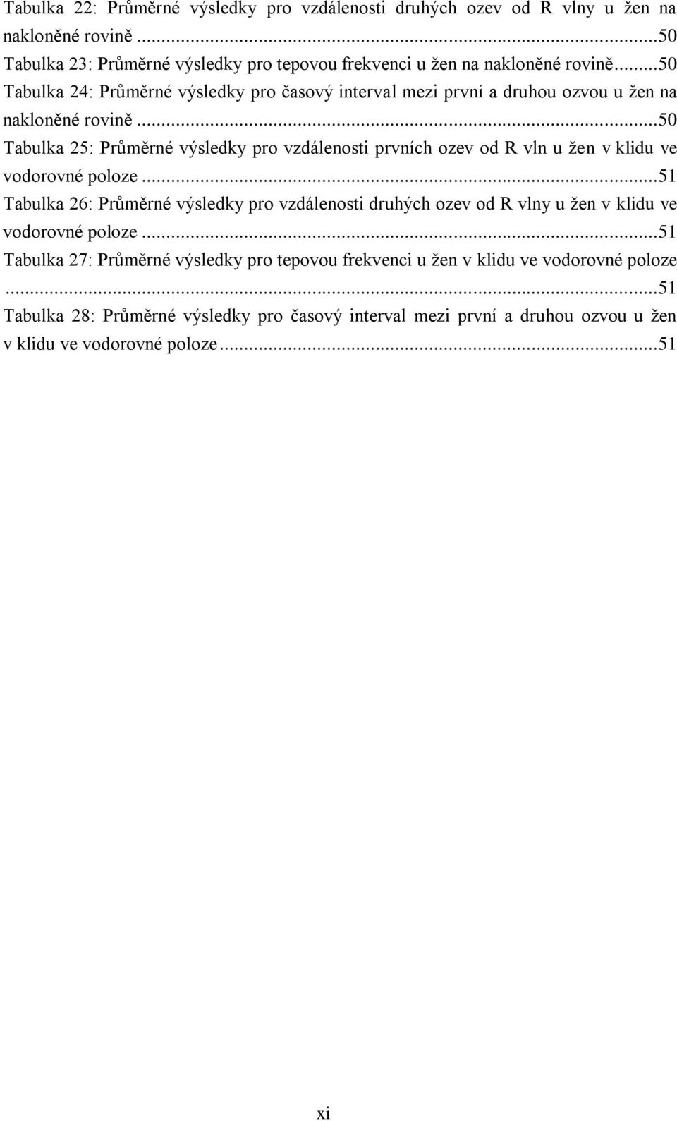 .. 50 Tabulka 25: Průměrné výsledky pro vzdálenosti prvních ozev od R vln u žen v klidu ve vodorovné poloze.