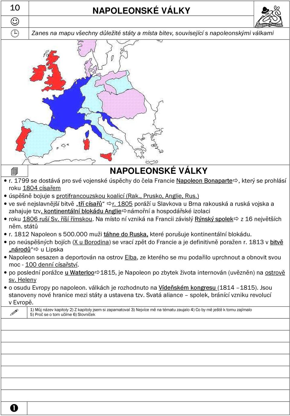 ) ve své nejslavnější bitvě tří císařů r. 1805 poráží u Slavkova u Brna rakouská a ruská vojska a zahajuje tzv. kontinentální blokádu Anglie námořní a hospodářské izolaci roku 1806 ruší Sv.