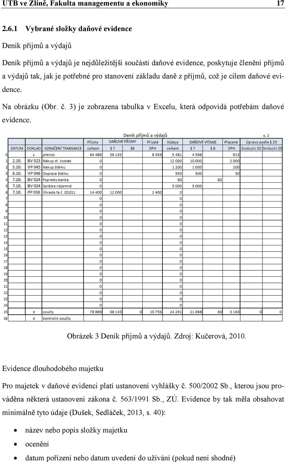 daně z příjmů, což je cílem daňové evidence. Na obrázku (Obr. č. 3) je zobrazena tabulka v Excelu, která odpovídá potřebám daňové evidence. Obrázek 3 Deník příjmů a výdajů. Zdroj: Kučerová, 2010.