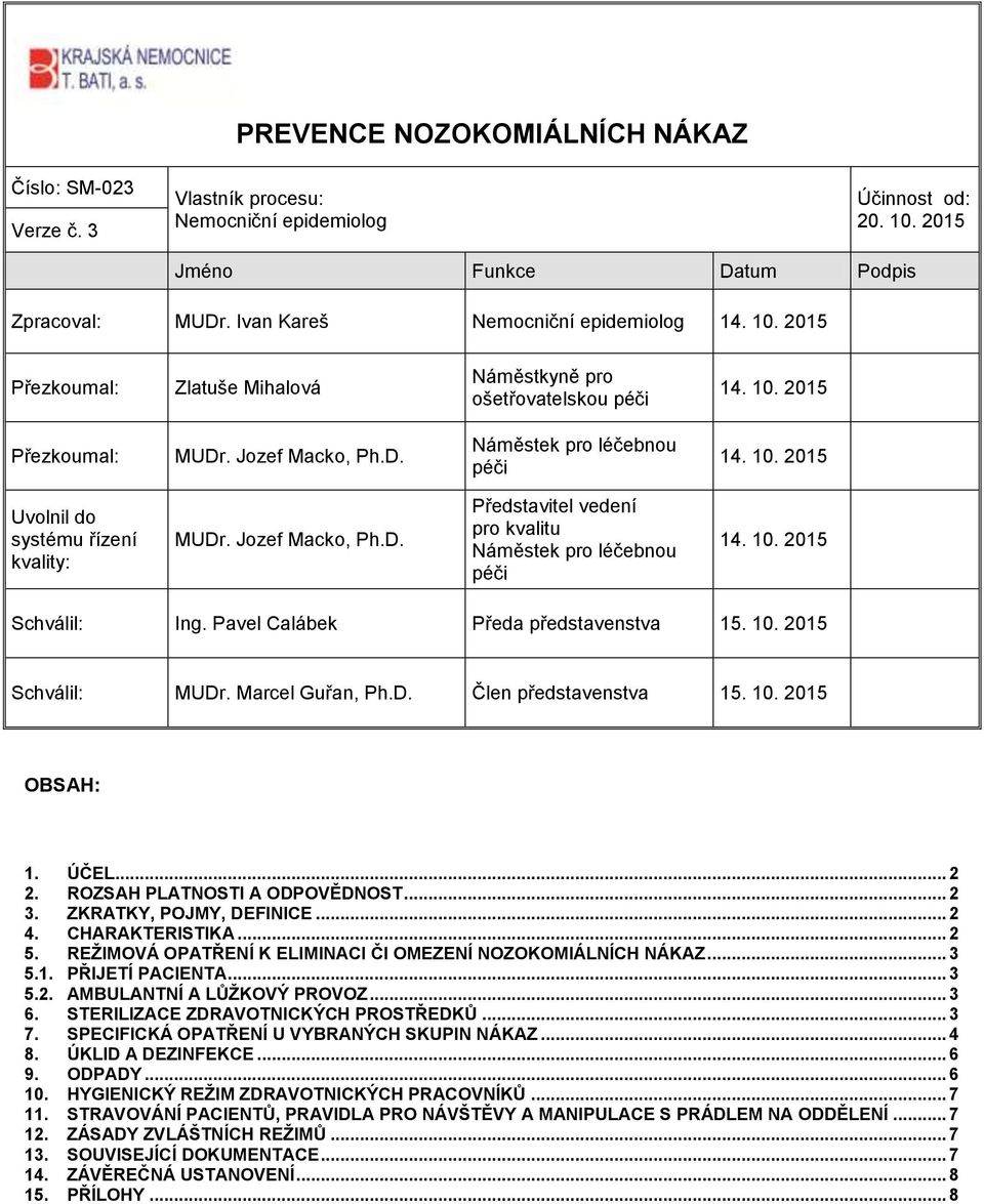 Jozef Macko, Ph.D. Představitel vedení pro kvalitu Náměstek pro léčebnou péči 14. 10. 2015 Schválil: Ing. Pavel Calábek Předa představenstva 15. 10. 2015 Schválil: MUDr. Marcel Guřan, Ph.D. Člen představenstva 15.