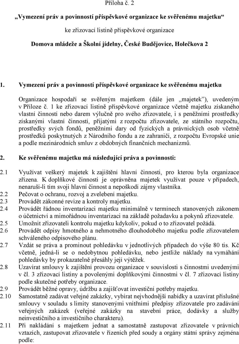 1 ke zřizovací listině příspěvkové organizace včetně majetku získaného vlastní činností nebo darem výlučně pro svého zřizovatele, i s peněžními prostředky získanými vlastní činností, přijatými z