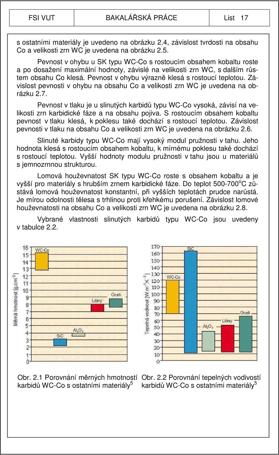 Pevnost v ohybu výrazně klesá s rostoucí teplotou. Závislost pevnosti v ohybu na obsahu Co a velikosti zrn WC je uvedena na obrázku 2.7.