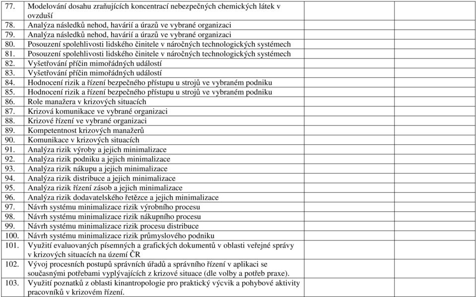 Posouzení spolehlivosti lidského činitele v náročných technologických systémech 82. Vyšetřování příčin mimořádných událostí 83. Vyšetřování příčin mimořádných událostí 84.