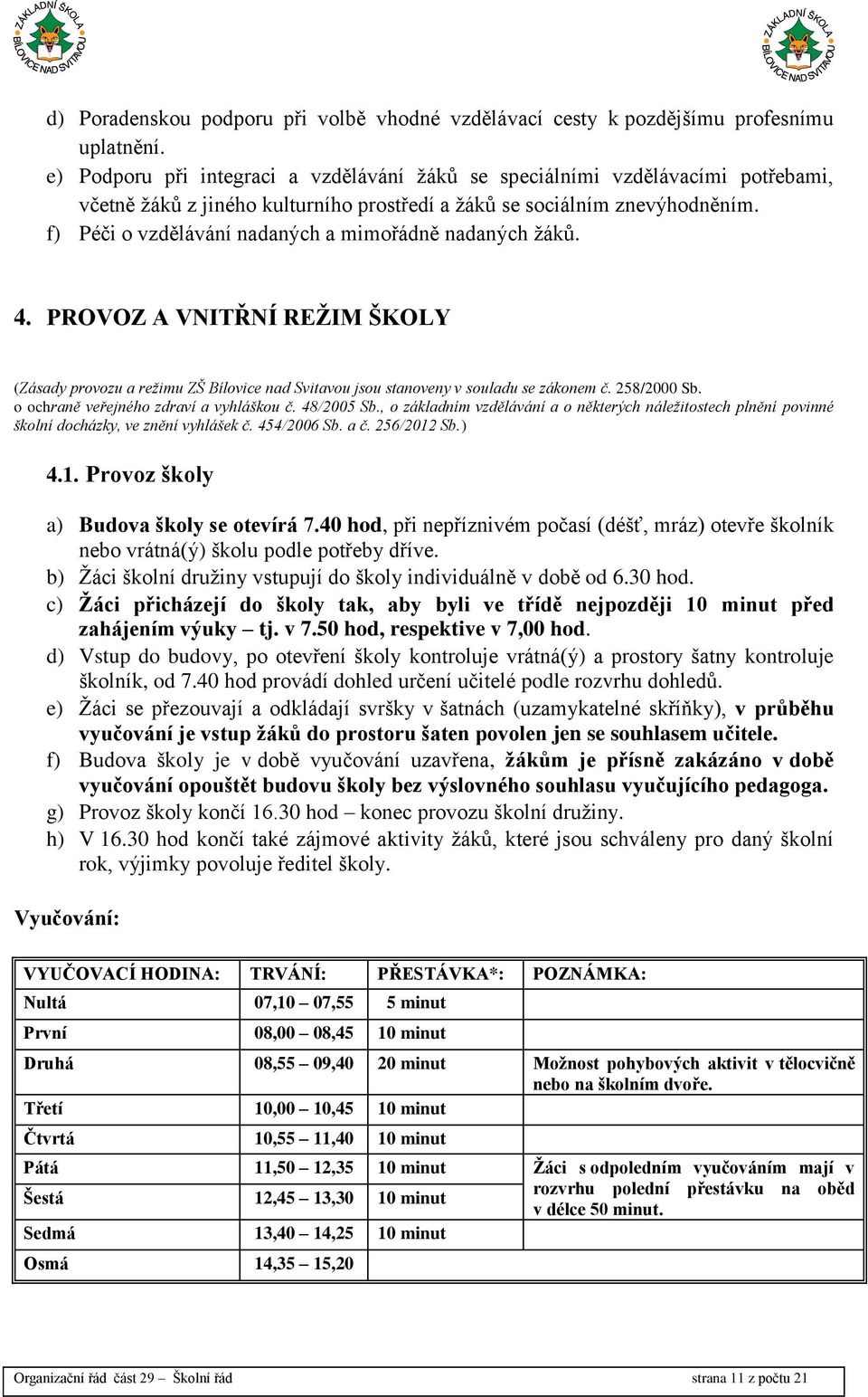 f) Péči o vzdělávání nadaných a mimořádně nadaných žáků. 4. PROVOZ A VNITŘNÍ REŽIM ŠKOLY (Zásady provozu a režimu ZŠ Bílovice nad Svitavou jsou stanoveny v souladu se zákonem č. 258/2000 Sb.