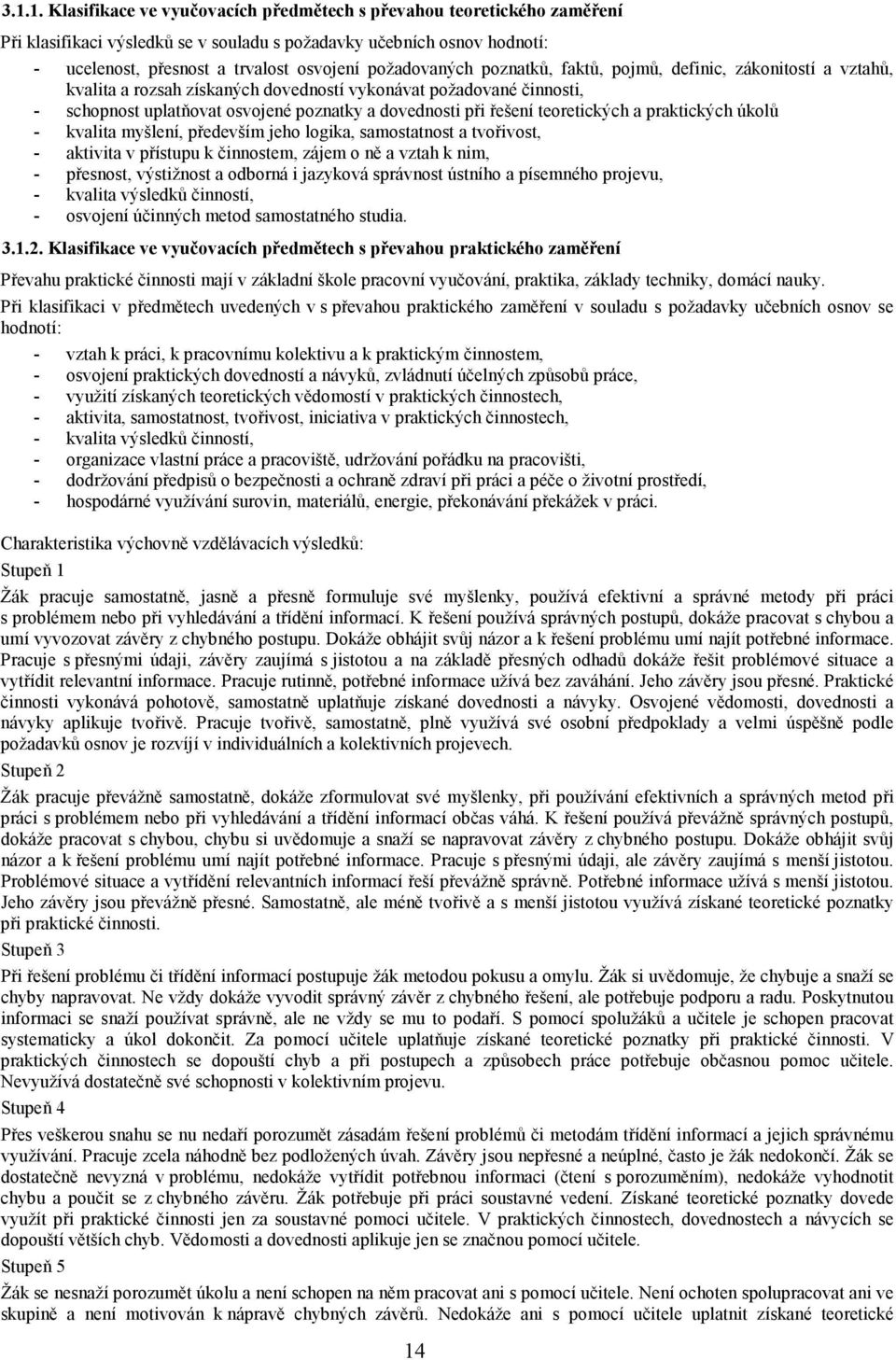 řešení teoretických a praktických úkolů - kvalita myšlení, především jeho logika, samostatnost a tvořivost, - aktivita v přístupu k činnostem, zájem o ně a vztah k nim, - přesnost, výstižnost a