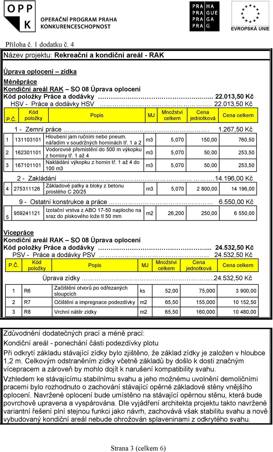 1 a 2 m3 5,070 150,00 760,50 2 162301101 Vodorovné přemístění do 500 m výkopku z horniny tř. 1 až 4 m3 5,070 50,00 253,50 3 167101101 Nakládání výkopku z hornin tř.