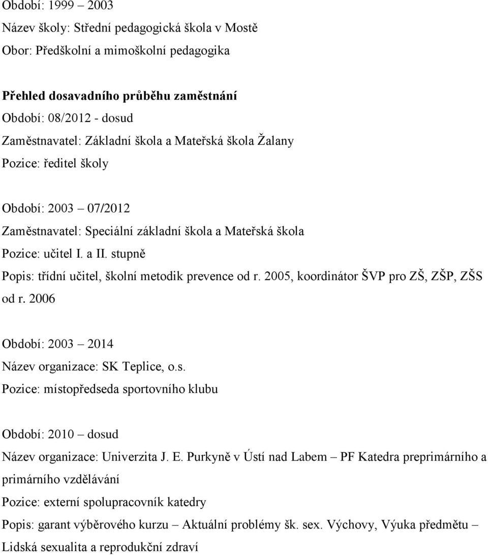 stupně Popis: třídní učitel, školní metodik prevence od r. 2005, koordinátor ŠVP pro ZŠ, ZŠP, ZŠS od r. 2006 Období: 2003 2014 Název organizace: SK Teplice, o.s. Pozice: místopředseda sportovního klubu Období: 2010 dosud Název organizace: Univerzita J.