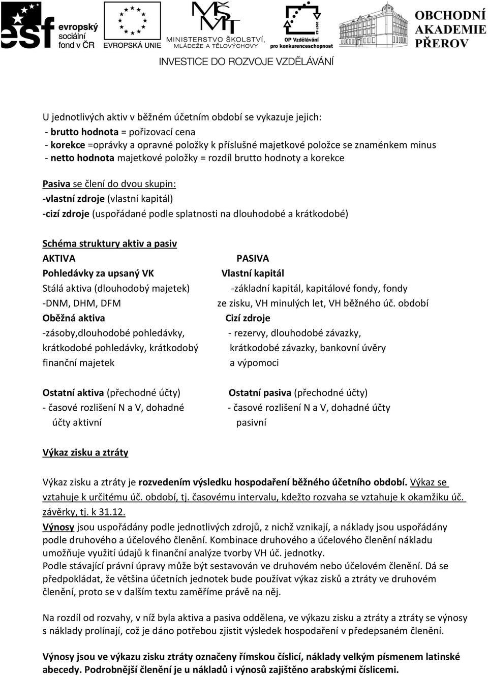Schéma struktury aktiv a pasiv AKTIVA Pohledávky za upsaný VK Stálá aktiva (dlouhodobý majetek) -DNM, DHM, DFM Oběžná aktiva -zásoby,dlouhodobé pohledávky, krátkodobé pohledávky, krátkodobý finanční