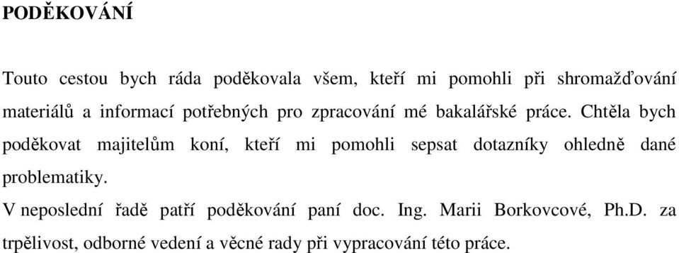 Chtěla bych poděkovat majitelům koní, kteří mi pomohli sepsat dotazníky ohledně dané problematiky.