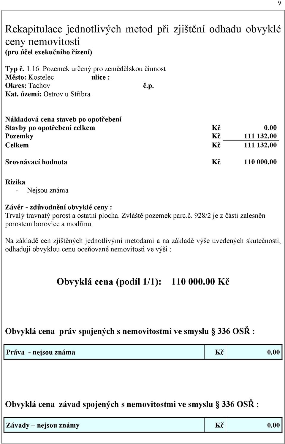 00 Rizika - Nejsou známa Závěr - zdůvodnění obvyklé ceny : Trvalý travnatý porost a ostatní plocha. Zvláště pozemek parc.č. 928/2 je z části zalesněn porostem borovice a modřínu.