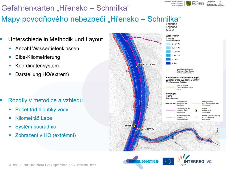 Elbe-Kilometrierung Koordinatensystem Darstellung HQ(extrem) Rozdíly v