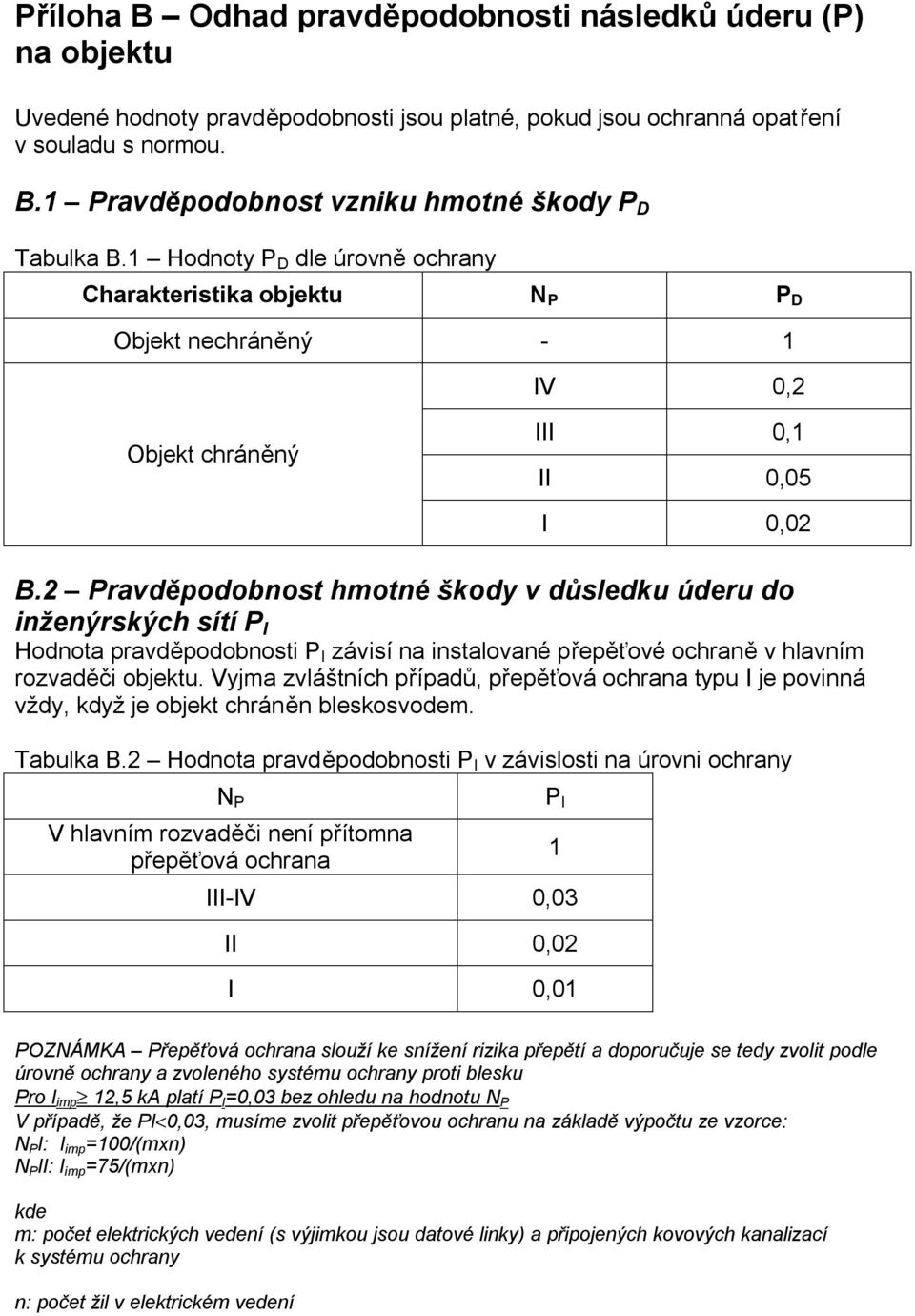 2 Pravděpodobnost hmotné škody v důsledku úderu do inženýrských sítí P I Hodnota pravděpodobnosti P I závisí na instalované přepěťové ochraně v hlavním rozvaděči objektu.