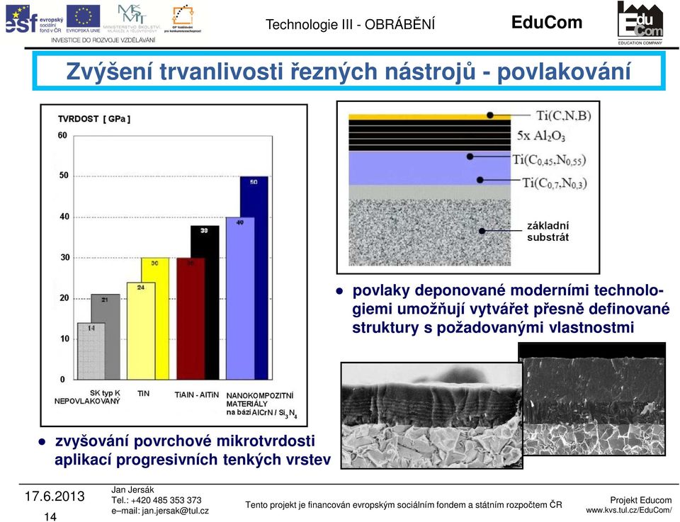 mikrotvrdosti aplikací progresivních tenkých vrstev 17.6.2013 14 Jan Jersák Tel.: +420 485 353 373 e mail: jan.