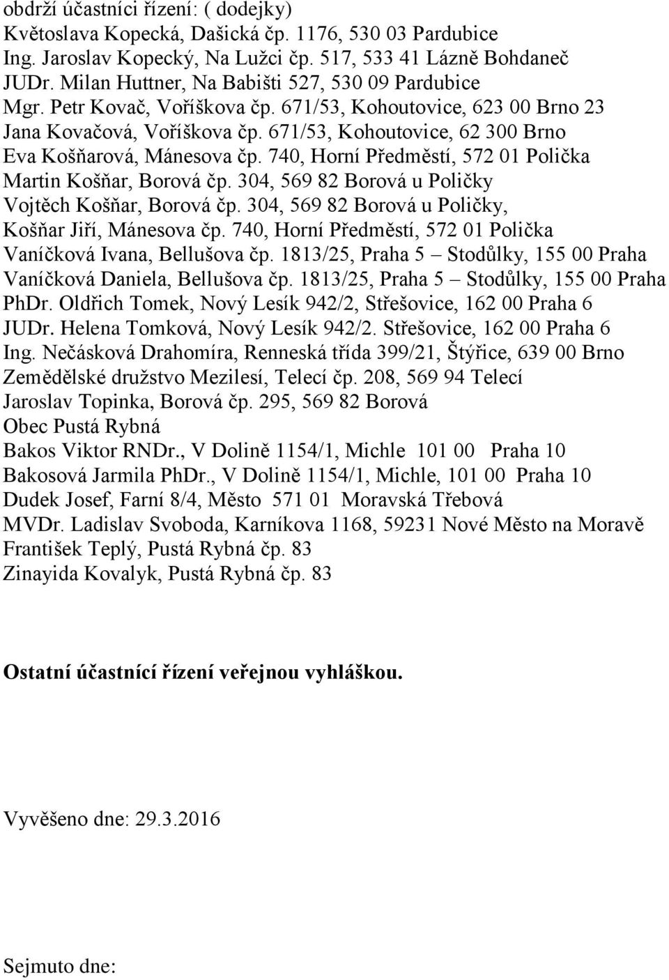 671/53, Kohoutovice, 62 300 Brno Eva Košňarová, Mánesova čp. 740, Horní Předměstí, 572 01 Polička Martin Košňar, Borová čp. 304, 569 82 Borová u Poličky Vojtěch Košňar, Borová čp.