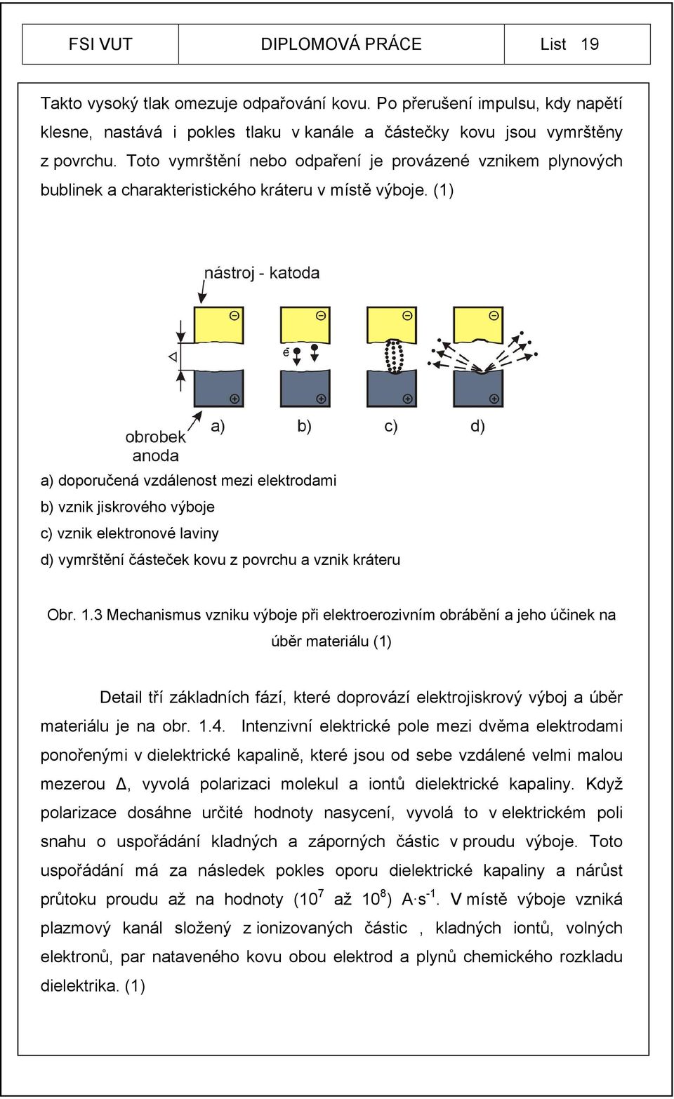 (1) a) doporučená vzdálenost mezi elektrodami b) vznik jiskrového výboje c) vznik elektronové laviny d) vymrštění částeček kovu z povrchu a vznik kráteru Obr. 1.