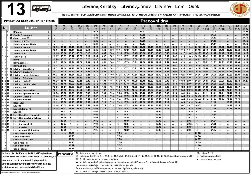 Janáčkova x Litvínov, Chudeřín x Litvínov, požární stanice Litvínov, Bílý sloup Litvínov, nádraží Litvínov, náměstí Míru Litvínov, Máj Litvínov, mototechna Litvínov, sportovní škola Litvínov,